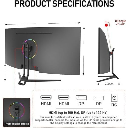 ZZA Curved Ultrawide Monitor 34 Inch,Gaming Monitor 3440 x 1440P R1500 up to165Hz(DP)/144HZ (HDMI),PC Monitors 1ms, FreeSync & G-Sync,HDR 10,122% sRGB,Computer Monitor VESA Mount Compatible - Image 4