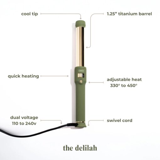 Edrée The Delilah Titanium Barrel Curling Iron with Cool Tip - Professional 1.25 Inch Curling Wand for Hair with LED Display, 330°F to 450°F Heat Control, 360 Swivel Cord, Dual Voltage (Olive) - Image 9