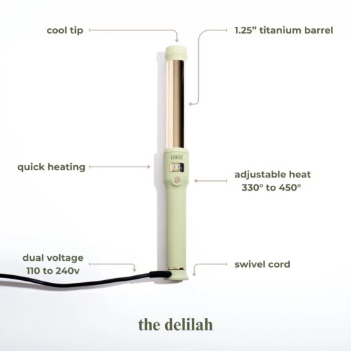 Edrée The Delilah Titanium Barrel Curling Wand with Cool Tip – Professional 1.25 Inch Curling Iron with LED Display, 330°F to 450°F Heat Control, 360 Swivel Cord, Dual Voltage (Sage) - Image 9