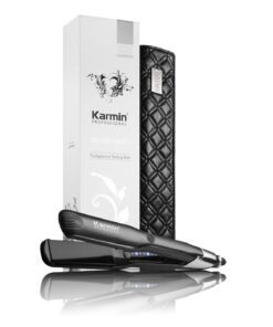 KARMIN Salon Series 1.5-inch Professional Ceramic Flat Iron Hair Straightener Ionic Hair Straightening Styling Iron, Straighten, Curl, Wave, Dual Voltage, Auto Shut Off, Carry Case/Heat Mat, Black