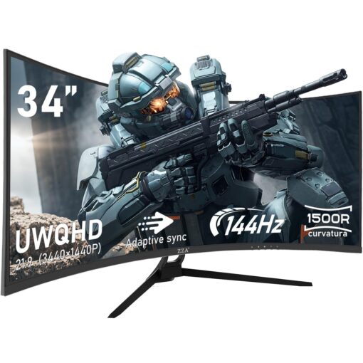ZZA Curved Ultrawide Monitor 34 Inch,Gaming Monitor 3440 x 1440P R1500 up to165Hz(DP)/144HZ (HDMI),PC Monitors 1ms, FreeSync & G-Sync,HDR 10,122% sRGB,Computer Monitor VESA Mount Compatible