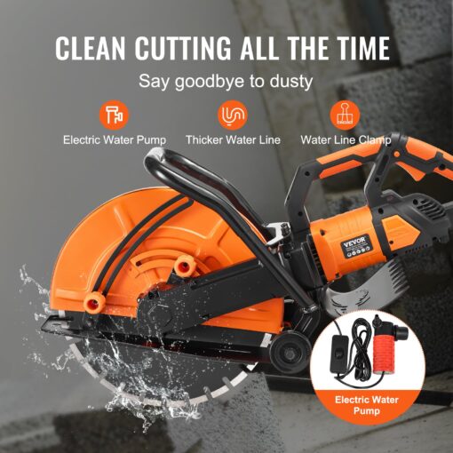 VEVOR Electric Concrete Saw, 16 in, 3200 W 15 A Motor Circular Saw Cutter with Max. 6 in Adjustable Cutting Depth, Wet Disk Saw Cutter Includes Water Line, Pump and Blade, for Stone, Brick Orange - Image 8
