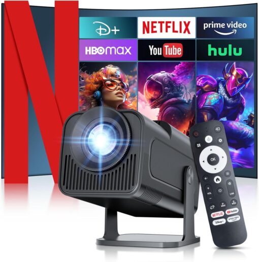 [ 2025 Netflix Licensed ] 4K Projector with Wifi Bluetooth, Android 13 Smart Projector w Built-in Netflix/YouTube/PrimeVideo/D+, Auto Keystone, 1080P Native Mini Portable Projector for Outdoor Movies