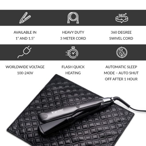 KARMIN Salon Series 1.5-inch Professional Ceramic Flat Iron Hair Straightener Ionic Hair Straightening Styling Iron, Straighten, Curl, Wave, Dual Voltage, Auto Shut Off, Carry Case/Heat Mat, Black - Image 2