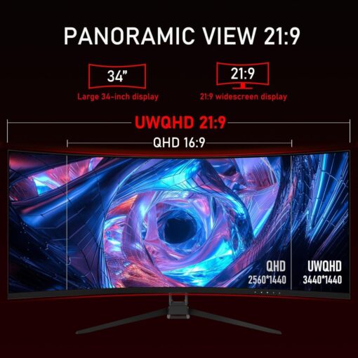 ZZA Curved Ultrawide Monitor 34 Inch,Gaming Monitor 3440 x 1440P R1500 up to165Hz(DP)/144HZ (HDMI),PC Monitors 1ms, FreeSync & G-Sync,HDR 10,122% sRGB,Computer Monitor VESA Mount Compatible - Image 7