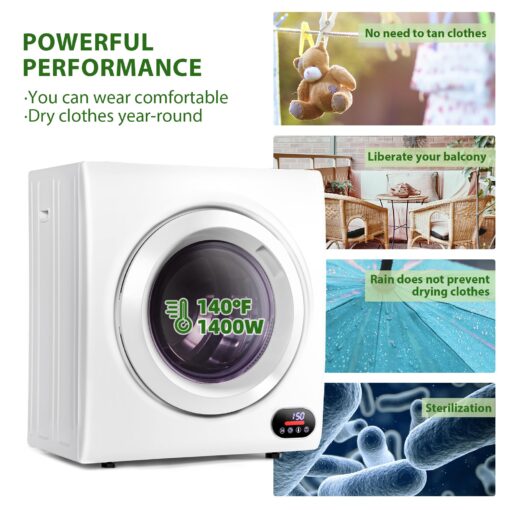Euhomy Compact Laundry Dryer, 2.65 cu ft Front Load Stainless Steel Clothes Dryers With Exhaust Pipe, 1400W, LCD Control Panel Four-Function Portable Dryer For Apartments, Home, Dorm, White - Image 6