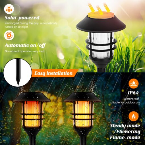 ZOOHAR Solar Outdoor Lights,Extra-Tall Solar Torches with Flickering Flame 4-Pack Waterproof Garden Lights,Stainless Steel Pathway Lighting Garden Decor, Yard Decorations Outdoor Auto On/Off - Image 3