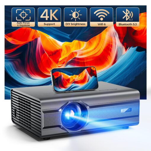 [Auto Focus/4K Support] Projector with WiFi 6 and Bluetooth 5.2, 850ANSI Native 1080P Outdoor Movie Projector, iSinbox Vertical Keystone Smart Projector 50% Zoom for iOS/Android/TV Stick